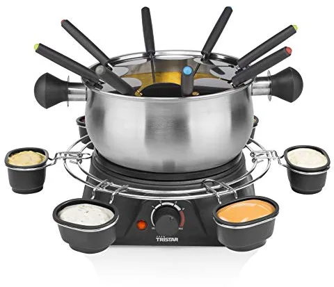 Tristar FO-1109 Olla eléctrica Multifuncional para Fondue de Queso, Chocolate o Aceite, Volumen 1.3 litros, 1400 W, Carcasa de Acero Inoxidable con aro para Salsas, Incluye 8 Tenedores