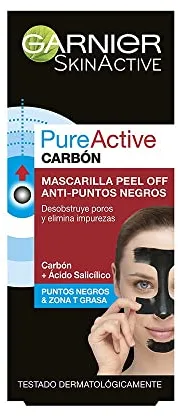 GARNIER Skin Active PureActive - Mascarilla Negra Peel Off con Carbón y Ácido Salicílico Anti Puntos Negros, Espinillas y Poros de la Nariz, 50 ml