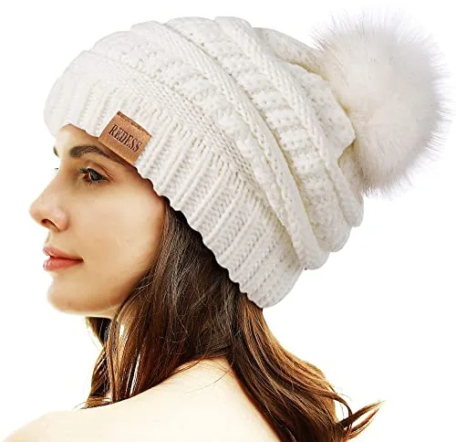 REDESS Gorro de Invierno con pompón para Mujer, cálido Forro Polar, Grueso, Holgado, Tejido de Nieve, Grueso, Holgado, Gorra de esquí con Calavera