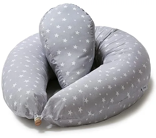 Niimo Almohada Embarazada y Cojin Lactancia Bebe + Soft Cojìn Dormir y Abrazar Funda Cojines 100% Algodon Desenfundable y Lavable (Gris-Estrella Blanca)