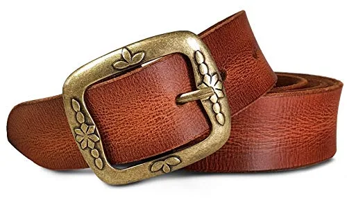 ROYALZ Vintage Cinturón de cuero para mujer hecho de cuero de búfalo de 38mm de ancho para damas, tamaño:Talla de cintura 105 cm = Longitud total 120 cm, Color:Cognac Brown - hebilla antifloral