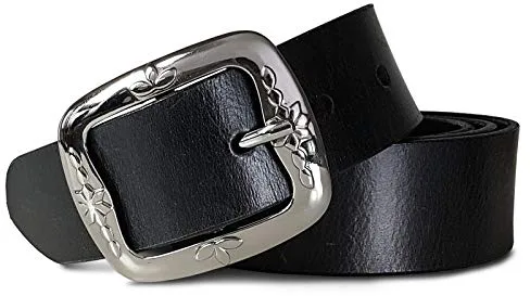 ROYALZ Vintage Cinturón de cuero para mujer hecho de cuero de búfalo de 38mm de ancho para damas, tamaño:Talla de cintura 100 cm = Longitud total 115 cm, Color:Negro - hebilla diseño floral liso