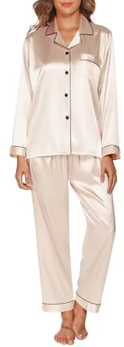 GAESHOW Conjunto de Pijama de Seda de Satén para Mujer, Conjunto de Manga Larga con Botones, Ropa de Dormir, Ropa de Descanso, Conjuntos de Dos Piezas, S-XXL(L)