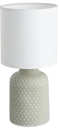 Eglo Bellariva Lámpara de mesa, lámpara de mesilla de noche de cerámica en color gris, textil en blanco, lámpara de salón con interruptor, casquillo E14
