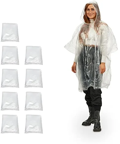 Relaxdays Set de 10 Chubasqueros, Capa Lluvia Capucha, Poncho Impermeable Desechable, Hombre y Mujer, PE, Transparente