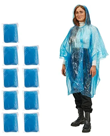 Relaxdays Set de 10 Chubasqueros, Capa Lluvia con Capucha, Poncho Impermeable Desechable, Hombre y Mujer, PE, Azul