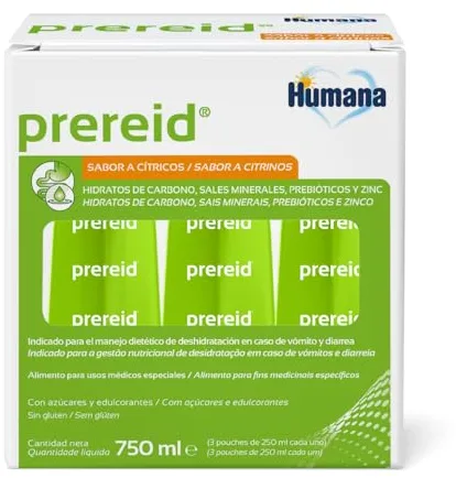 Prereid, solución de rehidratación oral para niños y adultos con hidratos de carbono, sales minerales y fibras prebióticas, 3 pouches de 250ml.