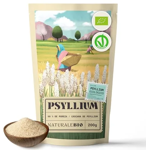 NaturaleBio Cáscara de Psyllium Husk 200 g. 99% Pureza. Fuente de Fibra Soluble. Ecológico, Sin Gluten, Sin OGM. Keto. Para añadir al Agua, Bebidas y Zumos.