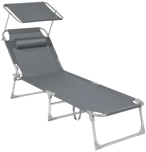 SONGMICS Tumbona, Tumbona Reclinable, 193 x 53 x 29 cm,Carga de 150 kg, con Reposacabezas de Protección Solar y Respaldo Reclinable, para Terraza, Piscina, Jardín, Gris Oscuro GCB19UV1