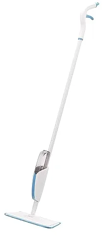 Amazon Basics Mopa con Aerosol, 1 Mopa y 1 Paño de Microfibra Reutilizable, Azul y Blanco