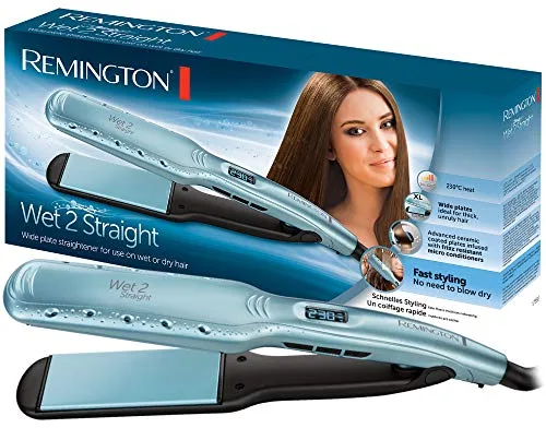 Remington Plancha Pelo 2 en 1: alisa y seca Wet2Straight uso en húmedo y seco, cerámica avanzadas con microacondicionadores, pantalla LCD, 140-230 °C, 10 ajustes de temp, antiencrespamiento S7350