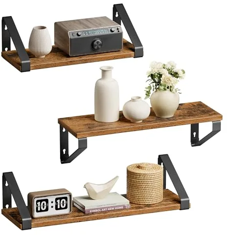 VASAGLE Estantes de Pared, Estantes Flotantes, Juego de 3, 2 Formas de Montaje, 30/35/40 cm, Estantes Decorativos, para Salón, Baño, Cocina, Marrón Rústico y Negro Mate LWS33BX