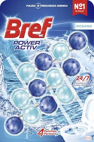 Bref Power Activ Ocean (3 unidades), limpia baño con fórmula 4 en 1, cesta higiénica y protectora para inodoro, con aroma a Ocean, limpiador baño antical, 24 h de protección