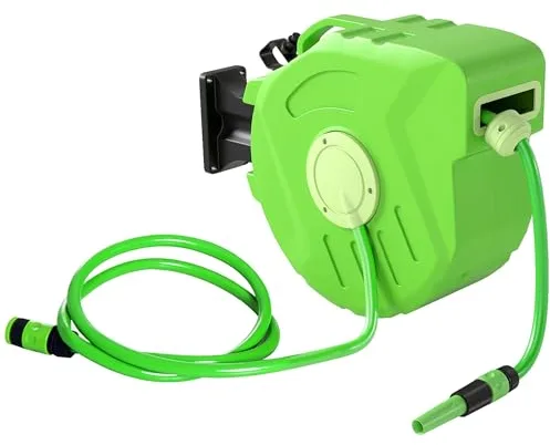 Outsunny Carrete para Manguera 15M+1,5M Soporte Mural Portamanguera Roll-up Automático Giratorio 180° con Pistola de Pulverización Gran Alcance Base de Pared Conector de Manguera para Jardín Terraza