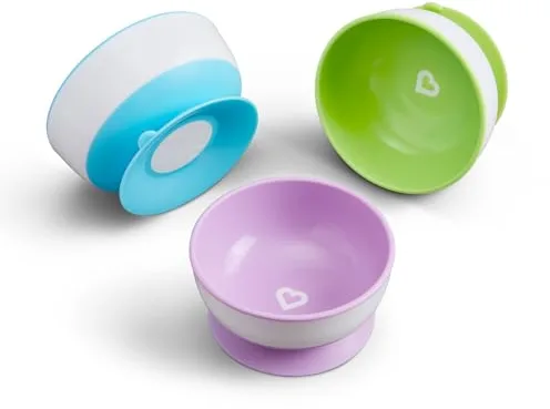 Munchkin Stay Put Suction Bowl Set para Bebés y Bebés de 6 Meses+ | Set BPA Free para Deslactosación | Compatible Microondas y Lavavajillas | 3 Piezas