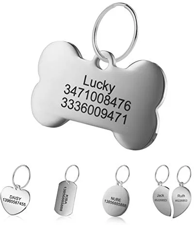 Etiquetas de identificación de Mascotas de Acero Inoxidable Etiquetas de Perro Personalizadas Personalizadas Grabado Frontal/Posterior para Gato y Perro con Diferentes Formas