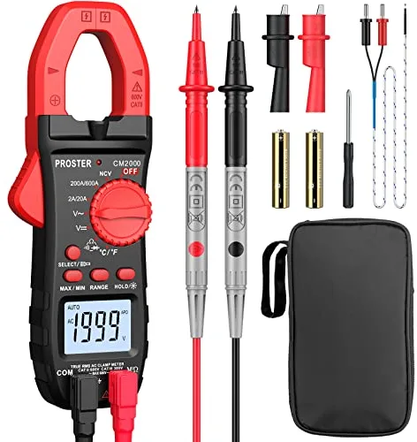 Proster Pinza Amperimétrica 2000 Cuentas 600A TRMS NCV Multímetro Digital Rango Automático con Pantalla Retroiluminada para Voltaje AC DC Corriente AC Diodo Resistencia Continuidad Temperatura