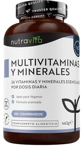 Nutravita Multivitaminas y Minerales- 365 Comprimidos Veganos - Complejo Vitamínico de 26 Activos Esenciales Vitamina C, D3, A, B, E y Minerales Yodo, Selenio, Calcio, Hierro, Zinc - Multivitamínico