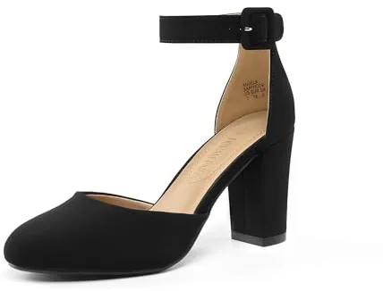 DREAM PAIRS Zapatos de Tacón Acho Cómodos Clásicos de Punta Redonda Zapatos de Salón Alto con Tira de Tobillo Bodas y Fiestas Negro/Nobuck Angela Talla 39EU/8US