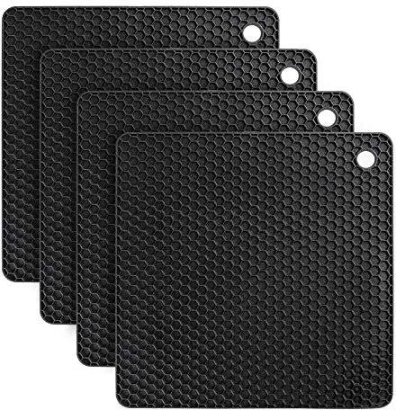 flintronic 4pcs Salvamanteles de Silicona, Sostenedor de Pote de Silicona Estera Antideslizante, Resistente al Calor, para Aislamiento, Asar, Hornear - Plaza, Negro