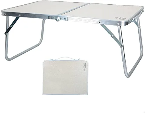 AKTIVE Mesa playa plegable, Mesa baja playa, 60x40x25 cm, color crema, estructura de metal, tablero de madera, mesa plegable camping pequeña, cierre de seguridad, Aktive Camping (52812)