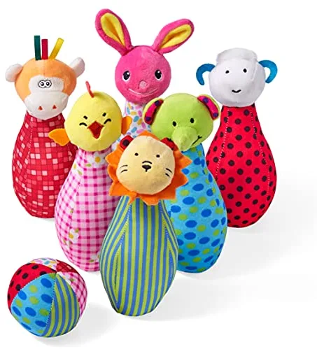 THE TWIDDLERS - Juego de Bolos para Bebes - Set de 6 Peluches con Sonajero y Bola - Juego Ideal para Desarrollar Nuevas Habilidades Motrices