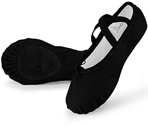 Soudittur Zapatillas Media Punta de Ballet - Calzado de Danza para Niña y Mujer Adultos Negras Suela Partida de Cuero Tallas 40