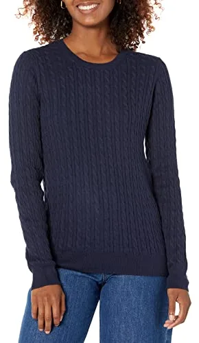 Amazon Essentials Jersey de Cuello Redondo y Manga Larga en Ligero Punto Trenzado (Disponible en Tallas Grandes) Mujer, Azul Marino, M