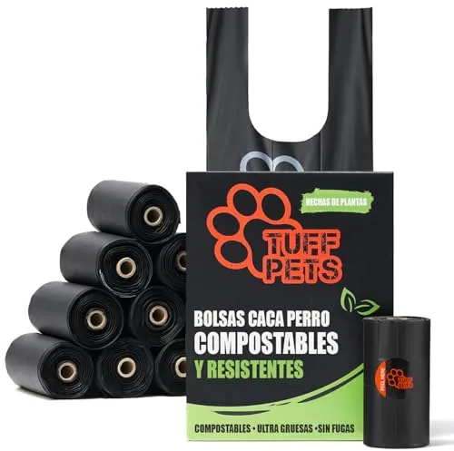 Tuff Pets bolsas caca perro compostables - Bolsas caca perro biodegradables 50% más gruesas y origen vegetal con asas para atar - Certificado de compostabilidad doméstica - 12 rollos - 120 bolsas