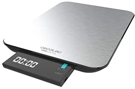 Cecotec Báscula de Cocina Digital Cook Control 9000 Waterproof, Alta Precisión, Acero Inoxidable, Resistente al Agua, Pantalla LCD Retroiluminada Extragrande y Extraíble, Capacidad Máxima 10 Kg