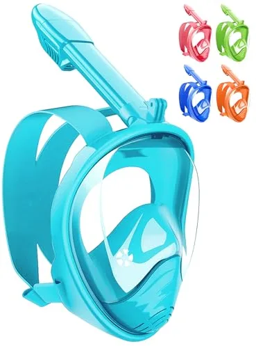 HINATAA Máscara de Buceo para Niños, 180 °Máscara de Snorkel de Cara Completa Infantil, Anti-vaho Anti-Fuga Máscara de Gafas Compatible con Cámara, Adecuado para Niños de 4 a 12 Años(Verde Azul)