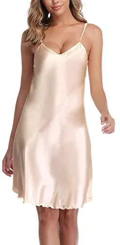 Vlazom Camisón Sexy de Satén para Mujer, con Correas Ajustables, Cuello en V, Combinación Interior, Vestido Ligero y Suave,L,A-Dorado Claro