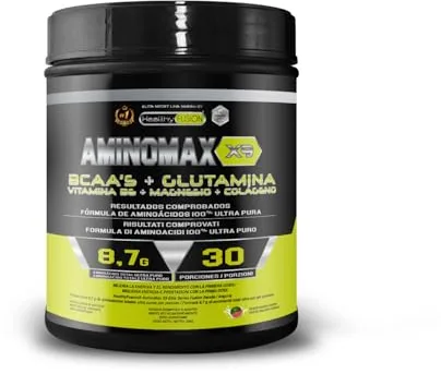 Healthy Fusion Aminomax | Aminoácidos Esenciales | 8.7g/dosis de BCAAs, Glutamina, Colágeno, Magnesio y Vit B6 | Recuperación muscular, Activa el metabolismo y fortalece el sistema inmunológico | 300g
