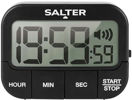 Salter 355 BKXCDU Temporizador Precisa De Cocina Digital, Magnético, Botón De Inicio/Pausa Grande, Con Alarma, 3 Niveles De Volumen Ajustables, Cuenta Progresiva Y Regresiva Hasta 20 Horas, Negro