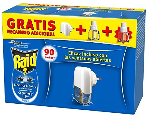 Raid Eléctrico Anti Mosquitos Comunes y Tigre 90 Noches con Aplicador y 2 Recambios - 54 Mililitros (2 x 27ml), El embalaje puede variar
