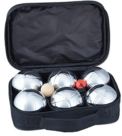 Relaxdays Set Petanca 6 Bolas con Estuche, Metal, Plateado-Negro, 16 x 22,5 x 7 cm