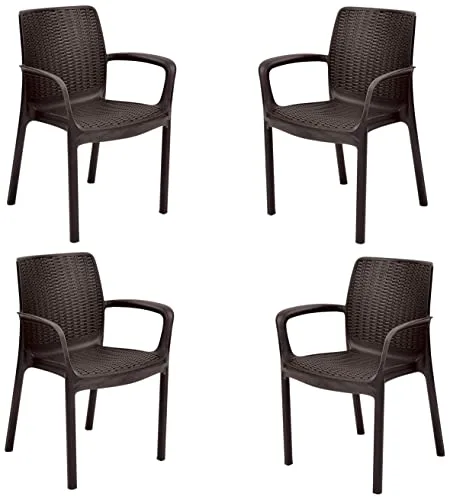 Keter Bali - Pack x4 Silla jardín para Interior y Exterior con reposabrazos Ideal para Jardines y terrazas, apilable, Resina con Acabado de ratán Plano, Color Marrón