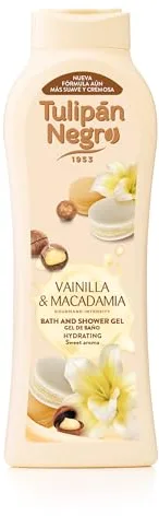 Tulipán Negro - Gel de Baño Vainilla y Macadamia, Nutritivo e Hidratante con Extracto de Vainilla y Aceite Hidrosoluble de Macadamia, Gel de Ducha con Fragancia Dulce y Cremosa, 650 ml