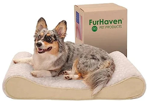 Furhaven Cama de Gel refrescante para Perros medianos/pequeños con Funda extraíble Lavable, para Perros de hasta 23 Libras, colchón de Contorno de Piel sintética Ultra Afelpada y Gamuza, Color Crema,