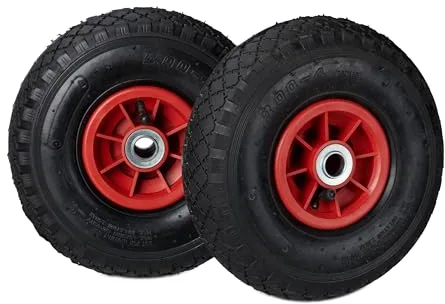 Relaxdays Set de Dos Ruedas de Carretilla, Neumáticos de 3.00-4, hasta 80kg, Llanta de plástico, 260x85 mm, Negro y Rojo