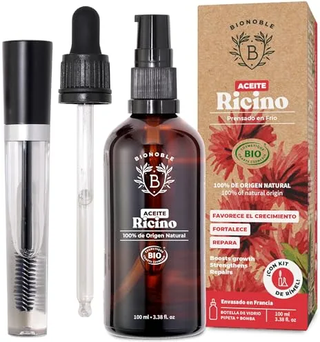 BIONOBLE Aceite de Ricino Organico + Kit de Rímel, Prensado en Frío - Pestañas, Cabello, Cejas - Vegan Castor Oil - Aceite de Ricino 100 Puro y Natural - Botella de Vidrio, Pipeta, Bomba - 100ml