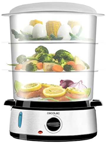 Cecotec Vaporera eléctrica Vapovita 3000 Inox, 3 recipientes Independientes, Cuenco para Preparar arroz, Soportes para cocer Huevos, Temporizador 60 Minutos, 2 entradas Laterales de Agua, Gris, 800 W