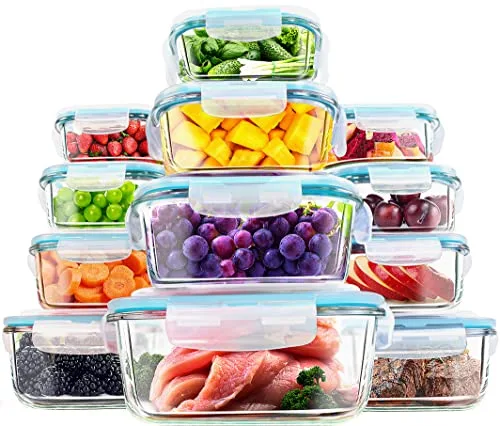 KICHLY - Recipientes De Vidrio Para Alimentos - Paquete De 12 Recipientes Herméticos Para Alimentos Con Tapas Transparentes - Aptos Para Lavavajillas Y Microondas, Sin BPA