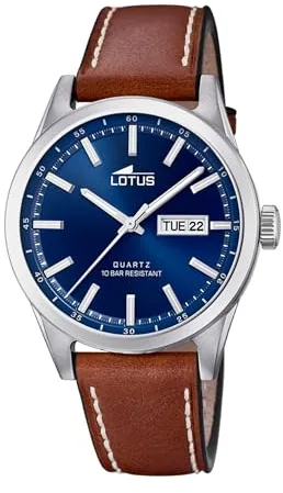 LOTUS Reloj Hombre Analógico de Cuero Marrón - Movimiento de Cuarzo - Calendario - Cristal Mineral de Alta Resistencia - Resistente al Agua 10 ATM Clásico 18671/3