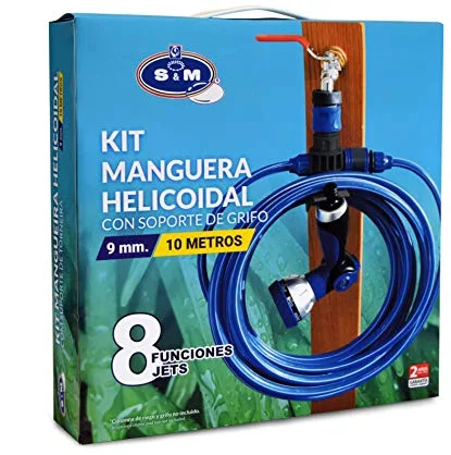 S&M 548635 – Kit de manguera helicoidal azul 10 metros (9 mm diámetro) + pistola multifunción 8 chorros + automático rosca hembra con adaptador ¾”-½” + conector rápido + soporte para grifo
