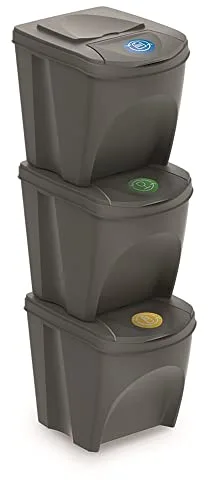 Prosperplast ZA906 - Juego de 3 Cubos de Reciclaje, Plástico, 3 x 25 litros, Color Gris