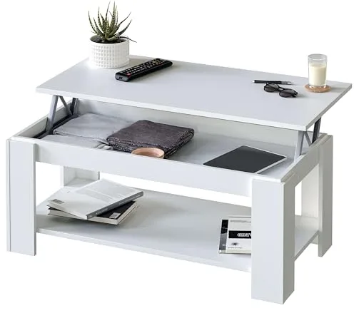 Habitdesign – Mesa de Centro Elevable con Revistero para Salón o Comedor, Mesa de Café con Revistero, Color Blanco Artik, 102x50x43–54 cm - Modelo Ambit