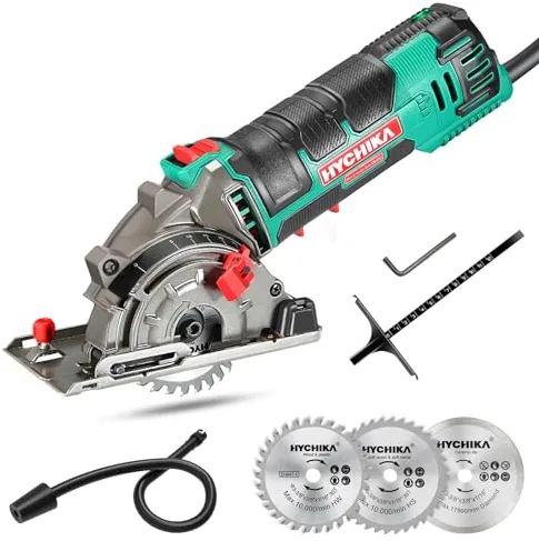 HYCHIKA Mini Serra Circular Manual de 500W e 4500 rpm, 3 lâminas de serra de 30T, 36T e diamante, ideal para cortar azulejos, madeira, metal macio, plástico