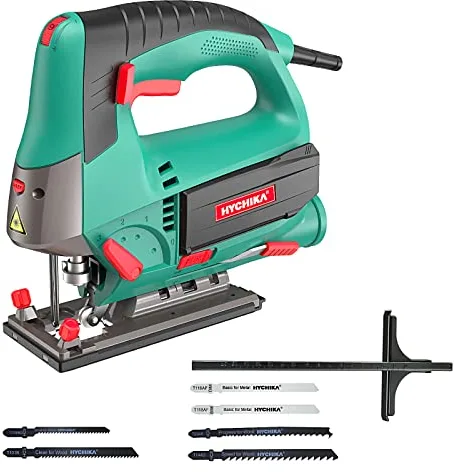 HYCHIKA Sierra de Calar, 110mm, 800W 800-3000SPM, Velocidad Ajustable (1-6), 4 Modos de Corte, Corte -45º a 45º, Caja Magnética de Hoja, Cortar Madera Metal Plástico