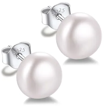 Silvora Pendientes Mujer Plata de Primera Ley 925 8MM Perlas Semiplanas Agua Dulce Aretes Hipoalergenico Oreja Regalo Joyería Deliciosa